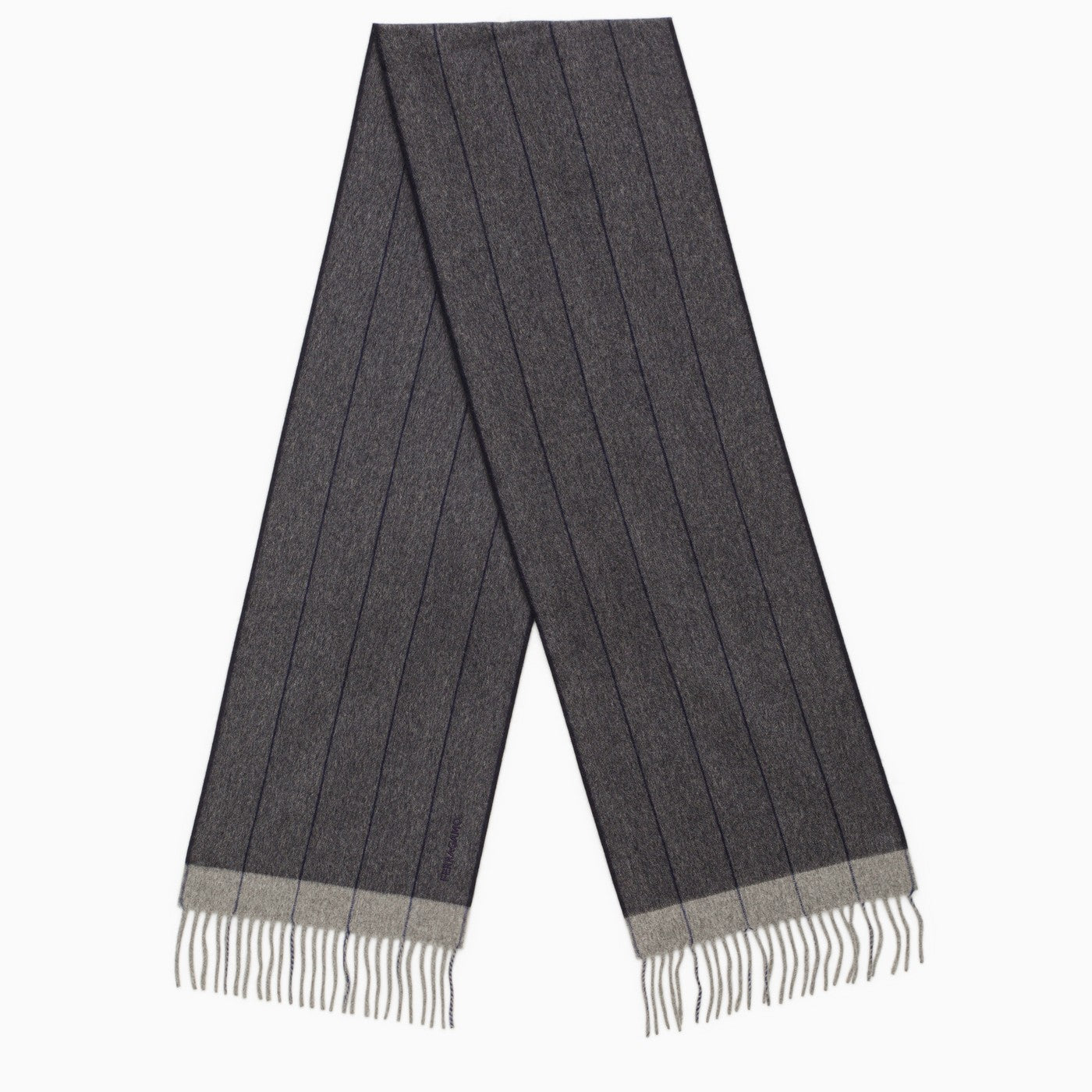 Ferragamo Blue/Grey Wool Scarf With Fringes