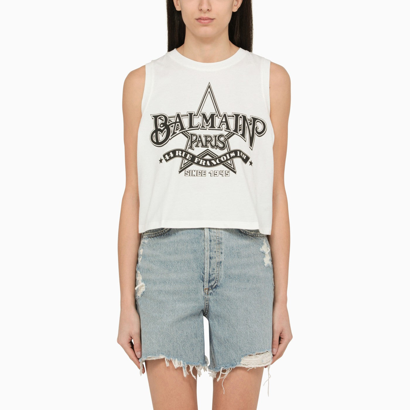 Balmain White Crew Neck Tank Top With Logo