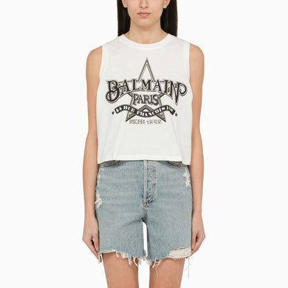 Balmain White Crew Neck Tank Top With Logo