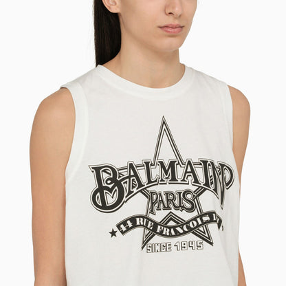 Balmain White Crew Neck Tank Top With Logo