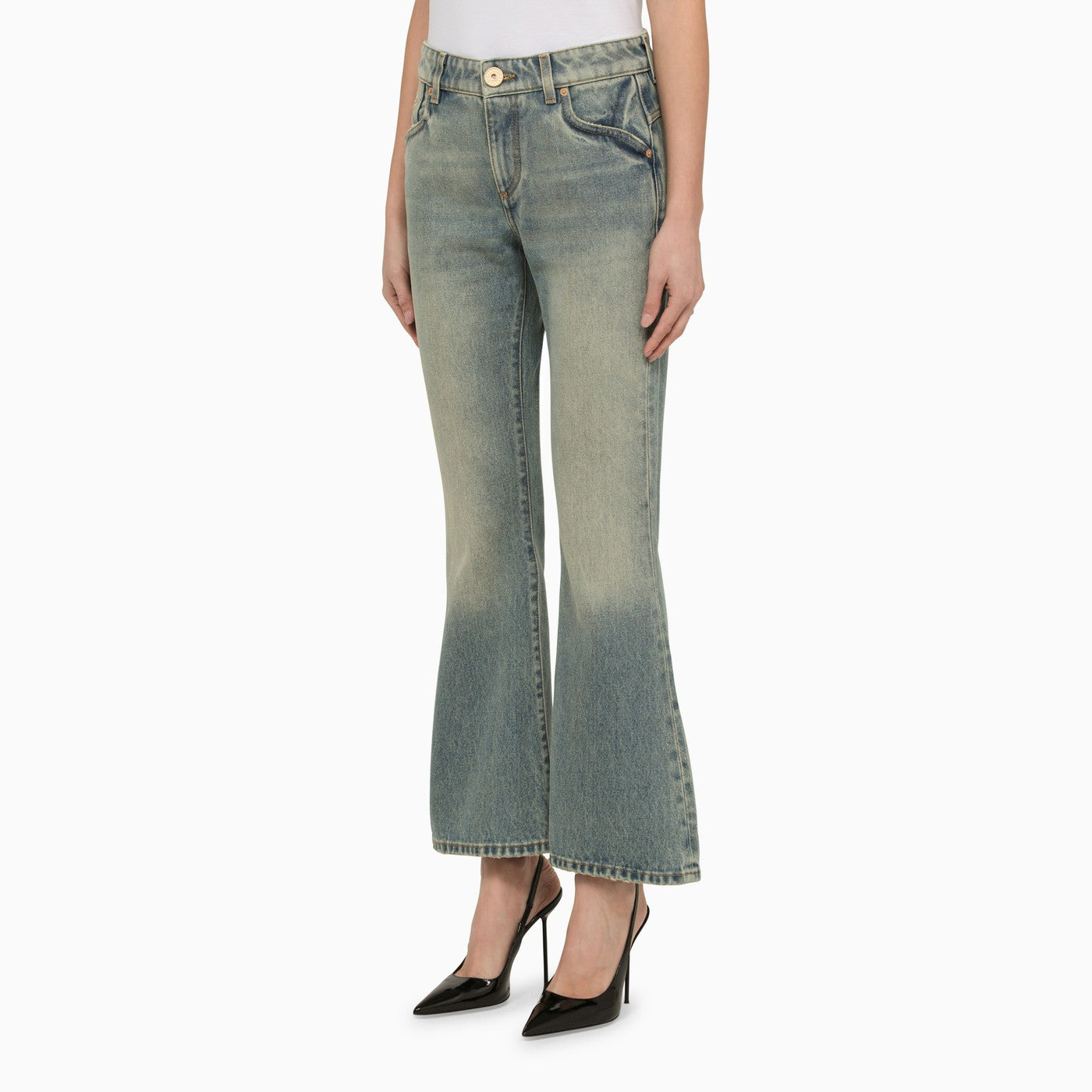 Balmain Washed Effect Cropped Denim Jeans