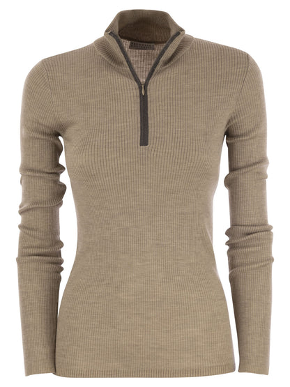 Brunello Cucinelli Lightweight Ribbed Virgin Wool And Cashmere Sweater With Precious Half Zip